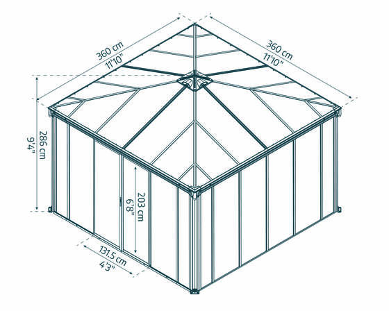 Palram – Canopia Ledro 12x12 Steel Enclosed Gazebo Kit w/ Screen Doors - Measuremants